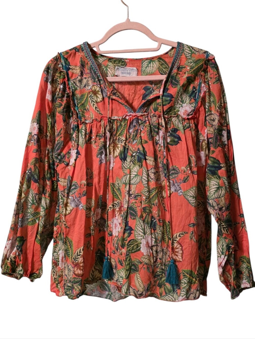 Johnny Was Workshop V Neck Tropical Floral Print Embroidered Neckline Blouse